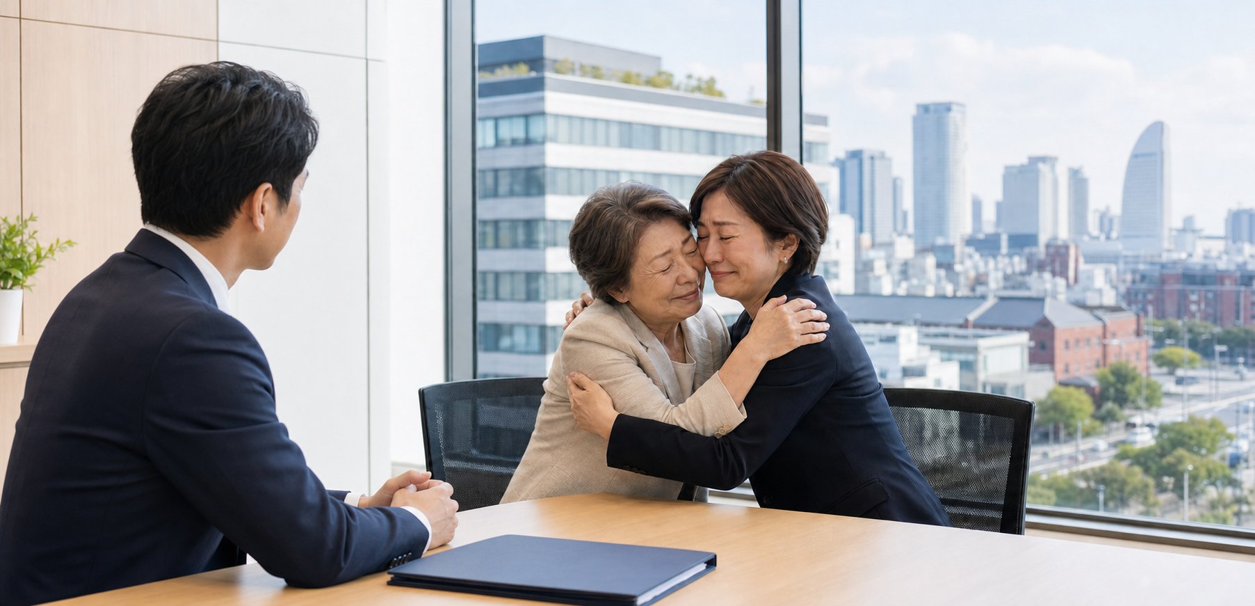 売り主と買い主が抱き合って涙を流した決済の日のイメージ